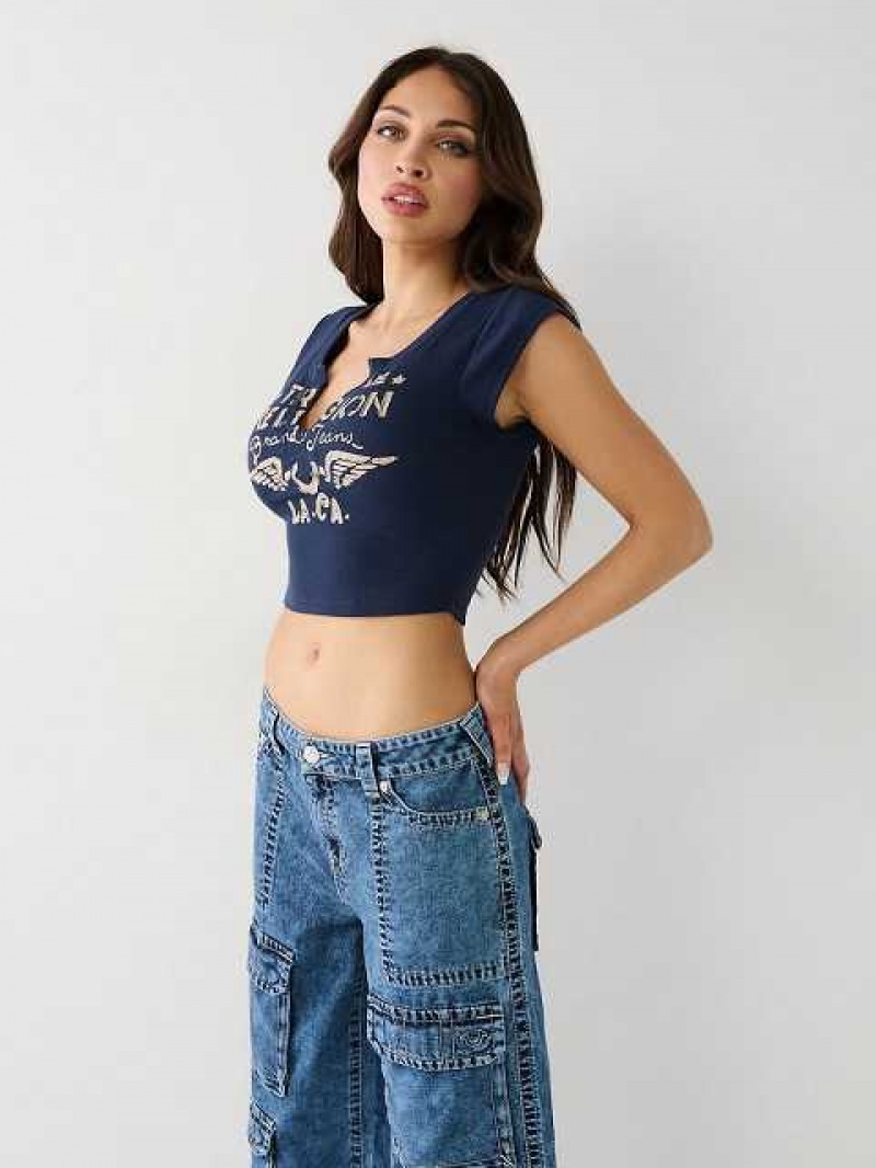 Camiseta True Religion Notch Crop Mujer Azul Marino Azules | Colombia-VXAPSLU62