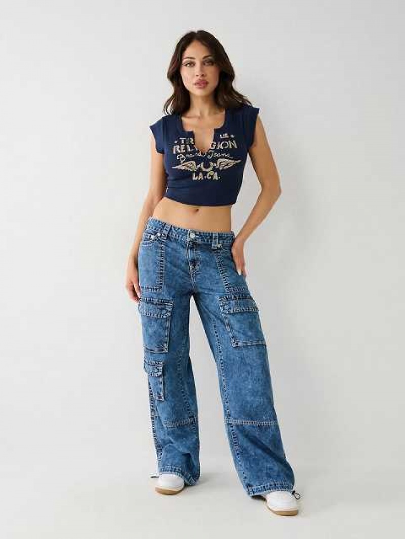 Camiseta True Religion Notch Crop Mujer Azul Marino Azules | Colombia-VXAPSLU62