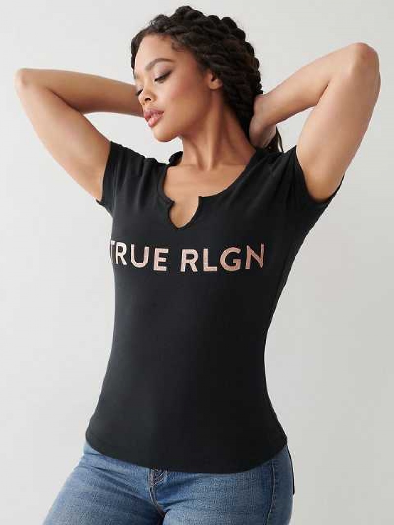 Camiseta True Religion Notch Logo Mujer Negras | Colombia-CTPHFKA24