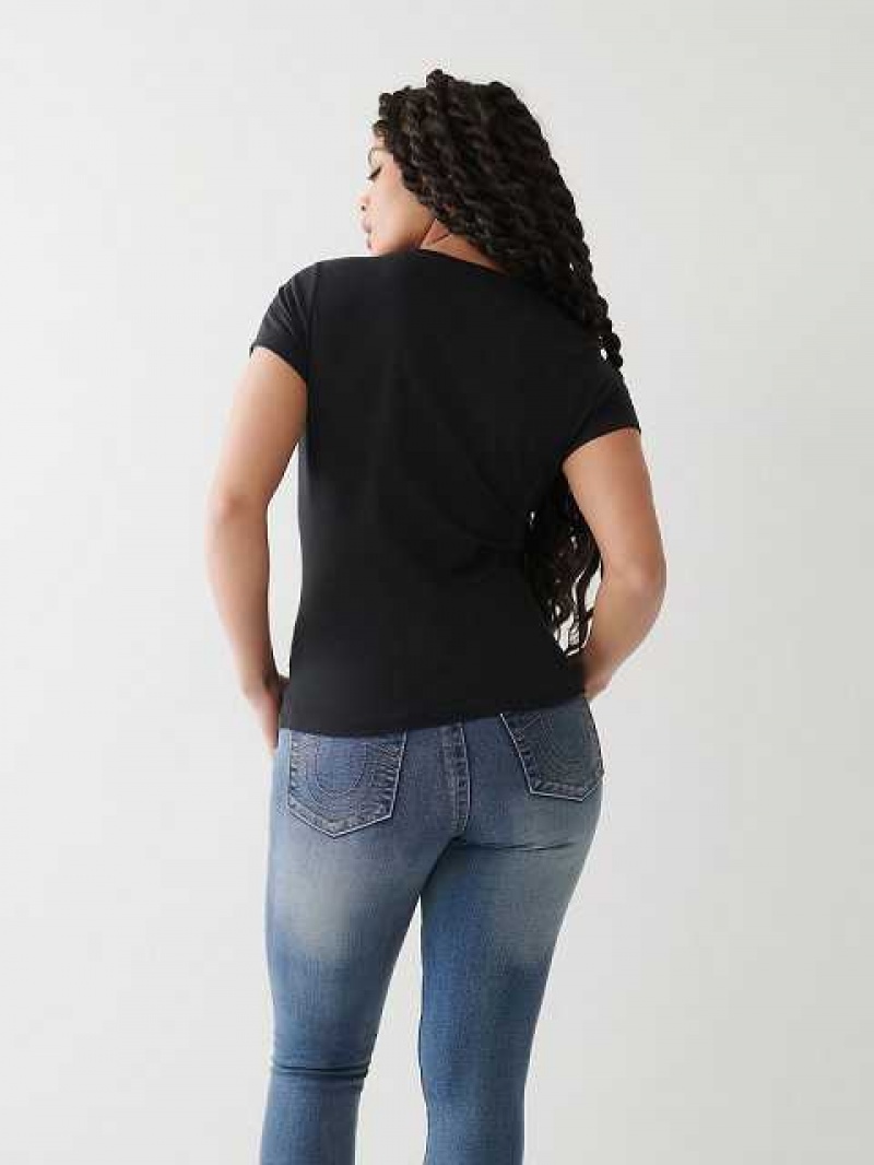 Camiseta True Religion Notch Logo Mujer Negras | Colombia-CTPHFKA24