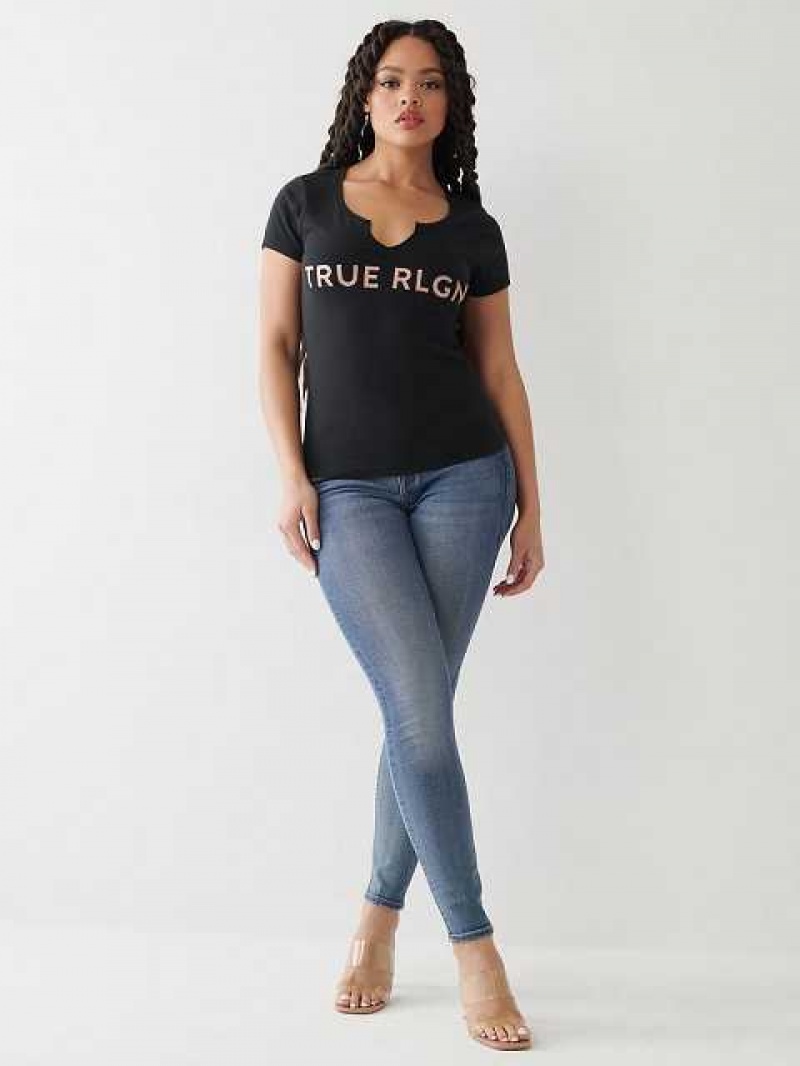 Camiseta True Religion Notch Logo Mujer Negras | Colombia-CTPHFKA24