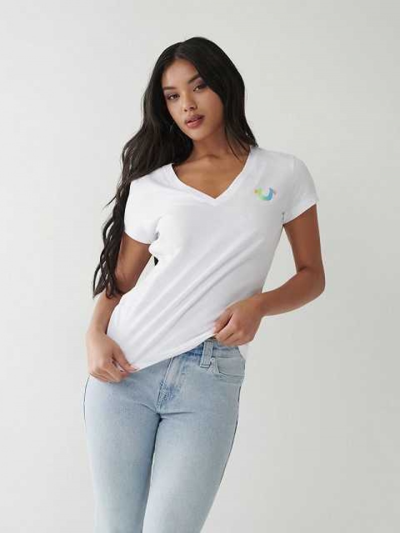 Camiseta True Religion Rainbow Logo V Mujer Blancas | Colombia-THXNJEI72