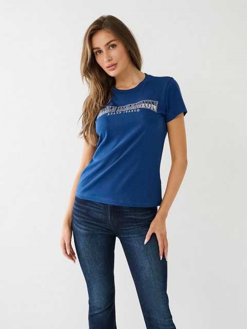 Camiseta True Religion Sequin Arched Logo Slim Mujer Azules | Colombia-KRMGXSN42