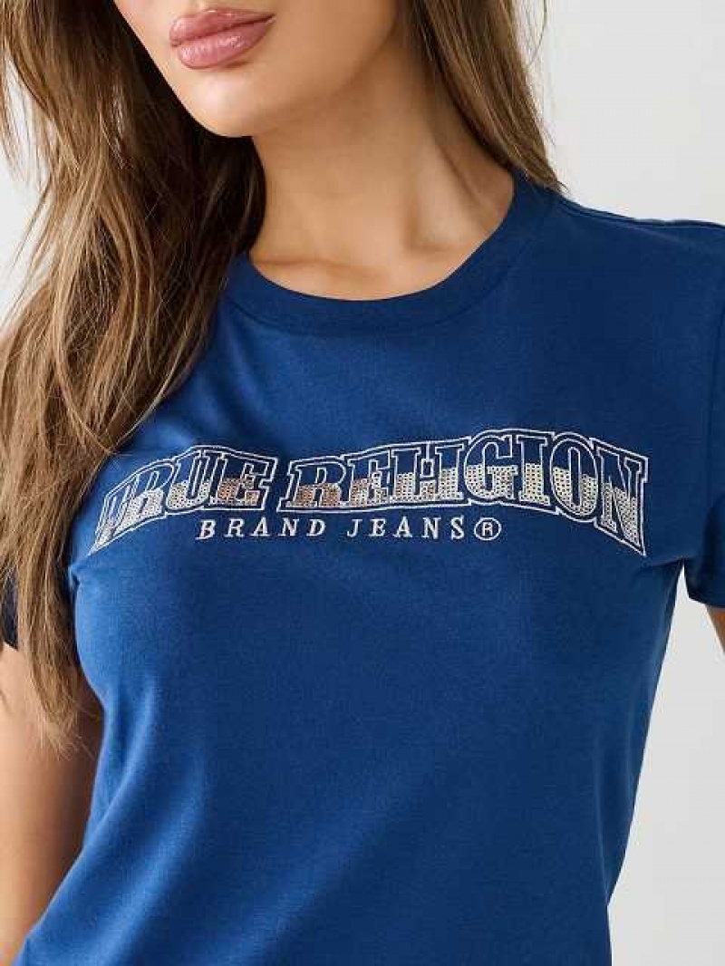 Camiseta True Religion Sequin Arched Logo Slim Mujer Azules | Colombia-KRMGXSN42