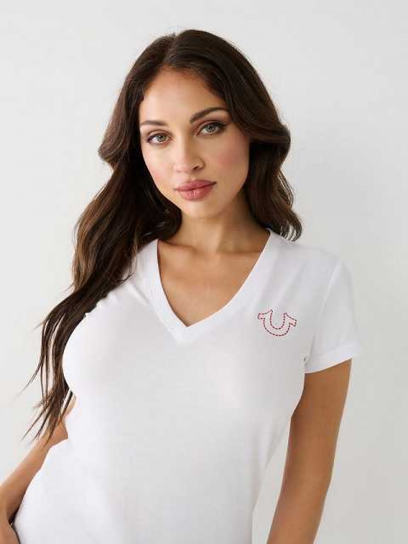 Camiseta True Religion Stitch Buddha V Mujer Blancas | Colombia-VDYRABI19