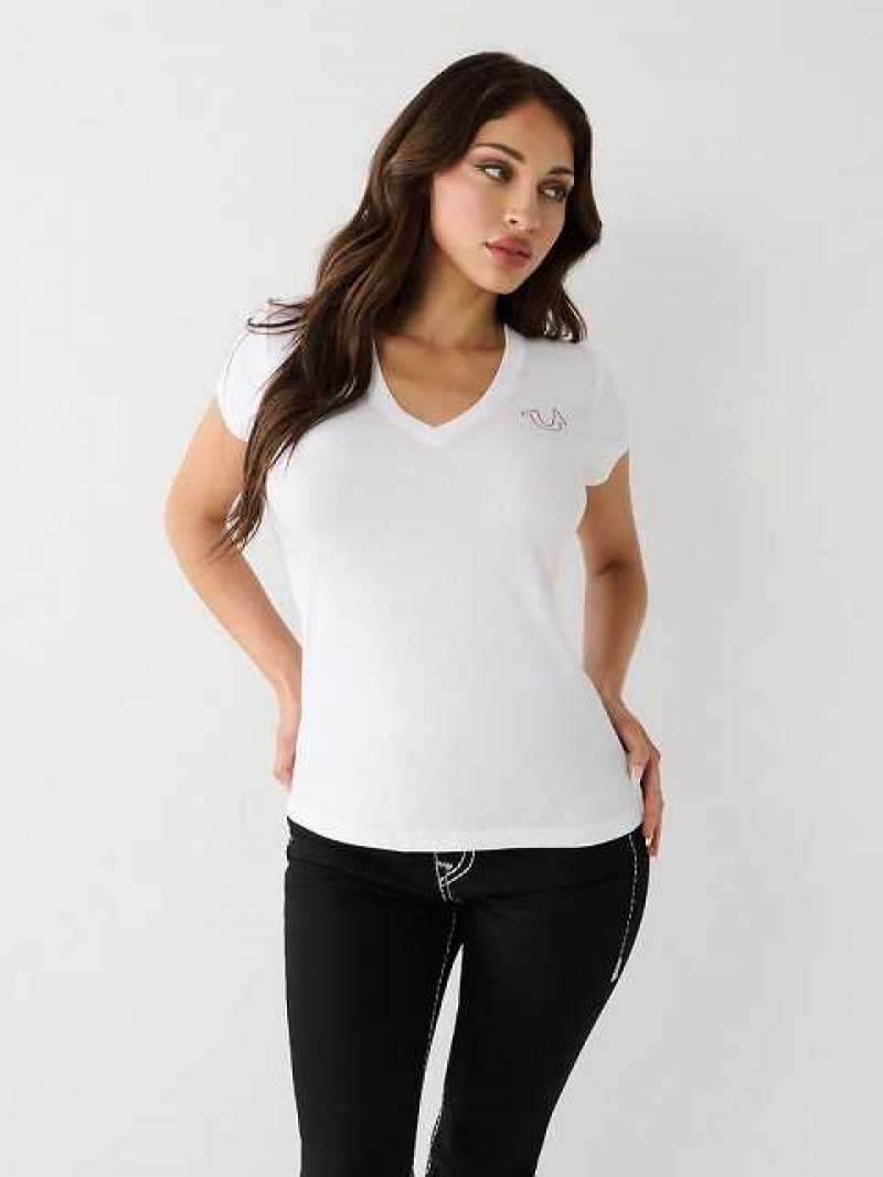 Camiseta True Religion Stitch Buddha V Mujer Blancas | Colombia-VDYRABI19