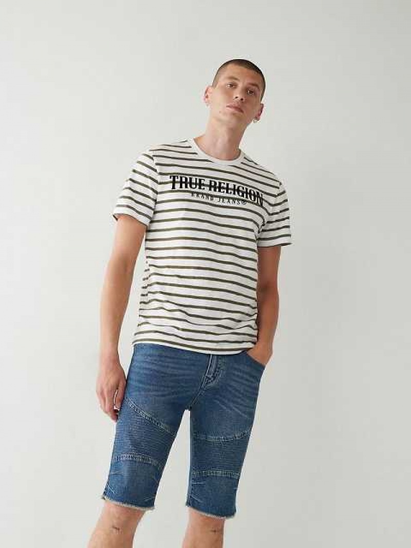 Camiseta True Religion Stripe Logo Hombre Blancas | Colombia-LBVMDWC45