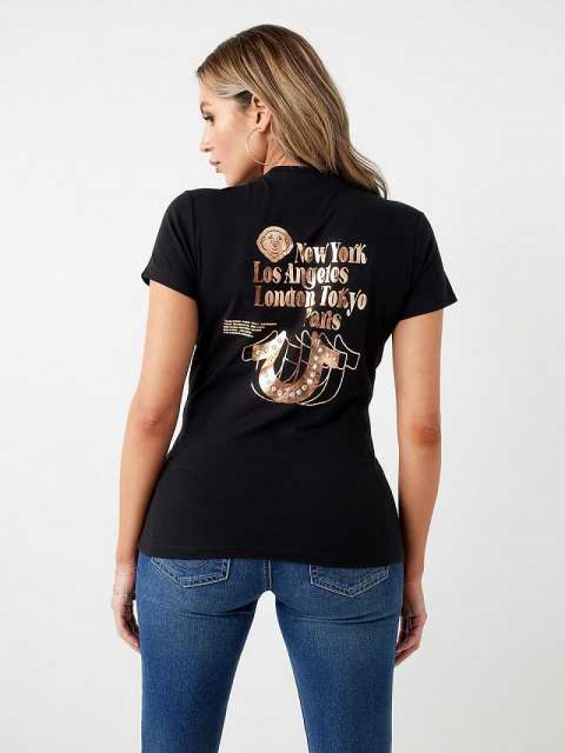 Camiseta True Religion Stud Location Estampadas Mujer Negras | Colombia-ORZEKGP52