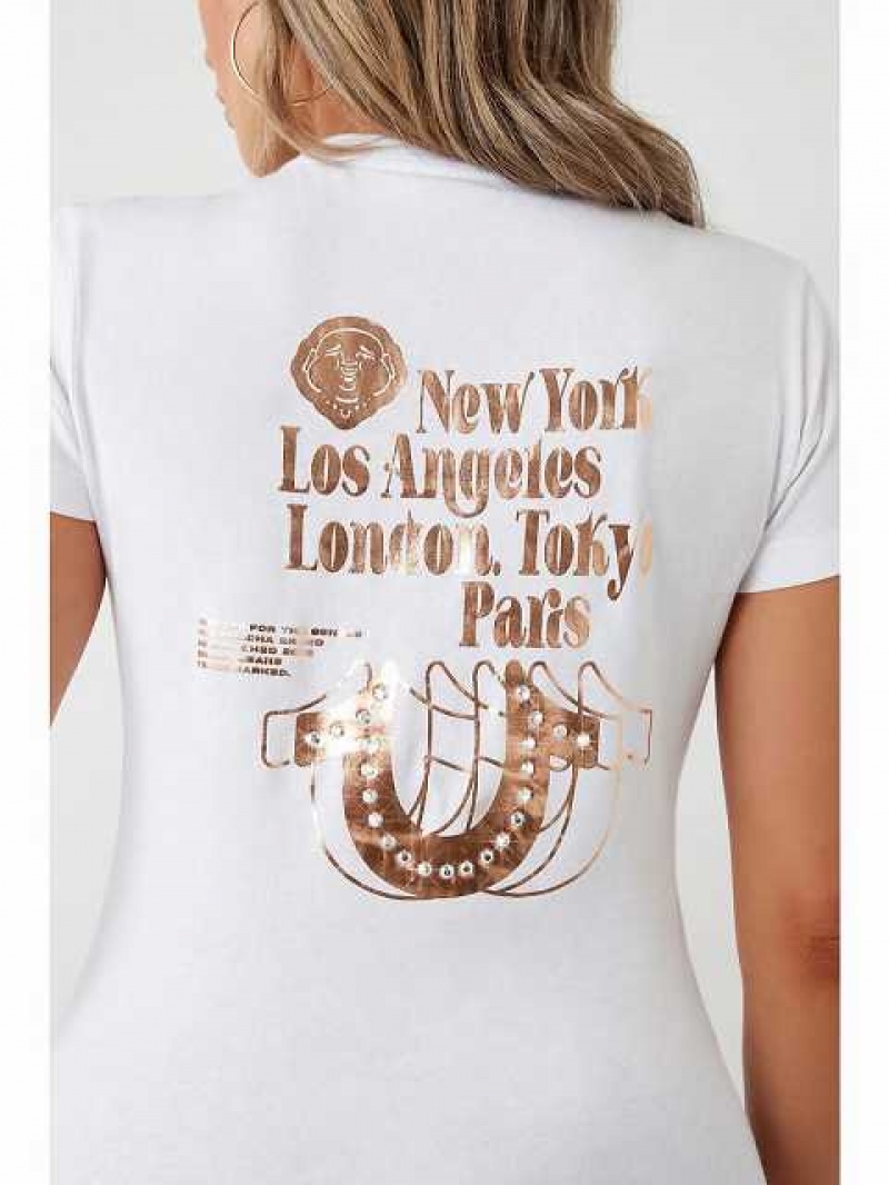 Camiseta True Religion Stud Location Estampadas Mujer Blancas | Colombia-FYHBUIX73