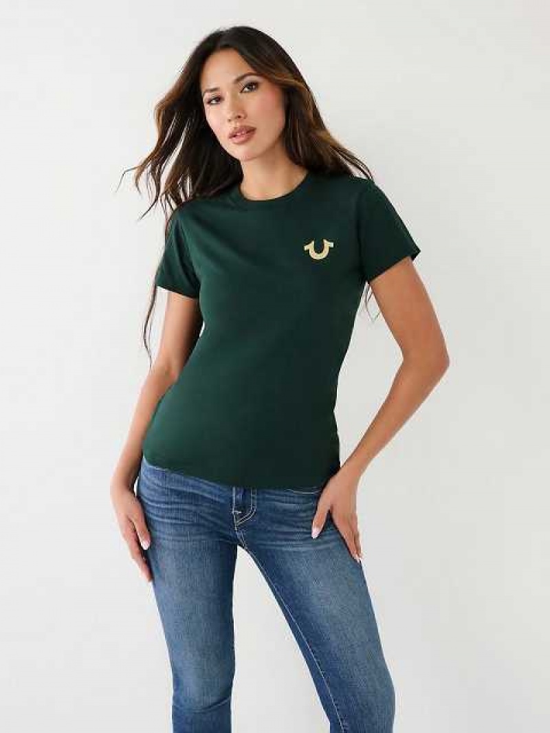 Camiseta True Religion Studded Logo Mujer Verde Oscuro | Colombia-EYCVLZX16