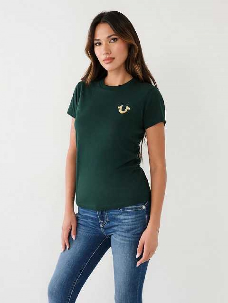 Camiseta True Religion Studded Logo Mujer Verde Oscuro | Colombia-EYCVLZX16