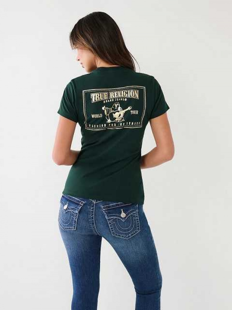 Camiseta True Religion Studded Logo Mujer Verde Oscuro | Colombia-EYCVLZX16