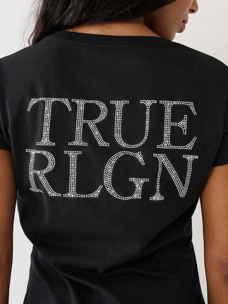 Camiseta True Religion Studded Logo V Mujer Negras | Colombia-WRPIFKQ08