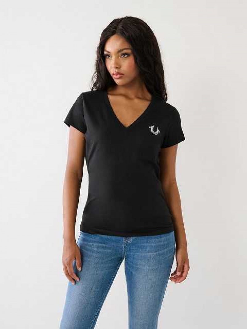 Camiseta True Religion Studded Logo V Mujer Negras | Colombia-WRPIFKQ08