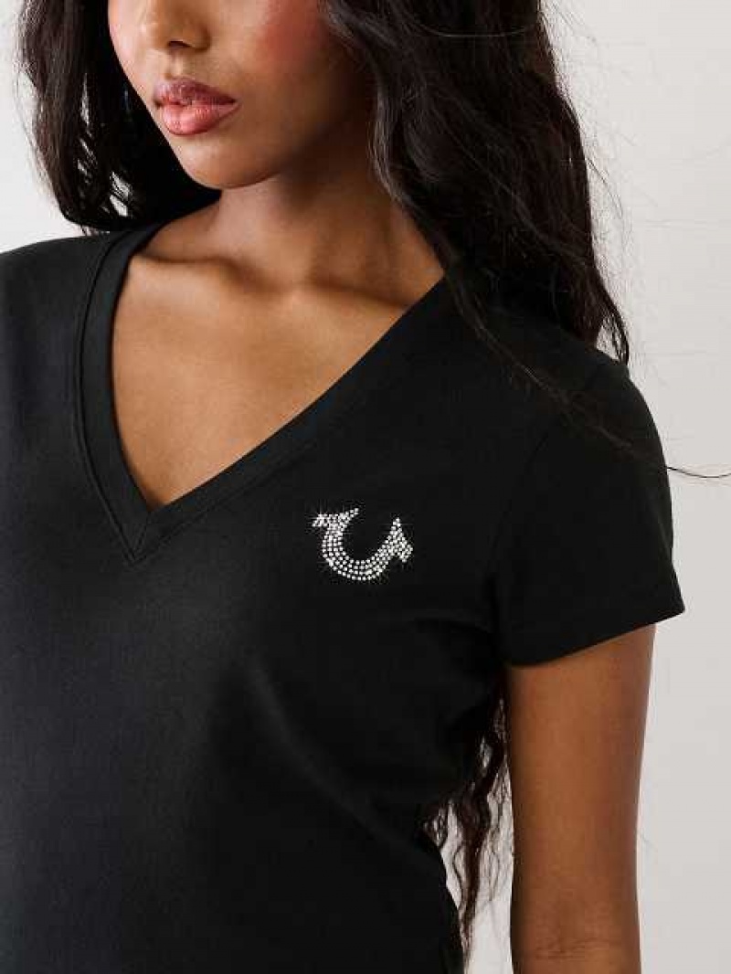 Camiseta True Religion Studded Logo V Mujer Negras | Colombia-WRPIFKQ08