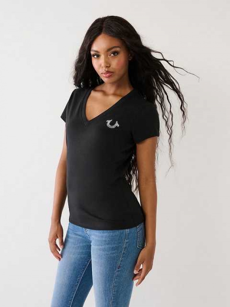 Camiseta True Religion Studded Logo V Mujer Negras | Colombia-WRPIFKQ08