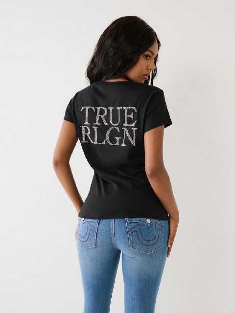 Camiseta True Religion Studded Logo V Mujer Negras | Colombia-WRPIFKQ08