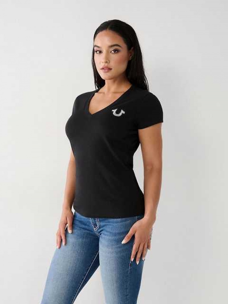 Camiseta True Religion True Crystal V Mujer Negras | Colombia-BJTPWRQ31