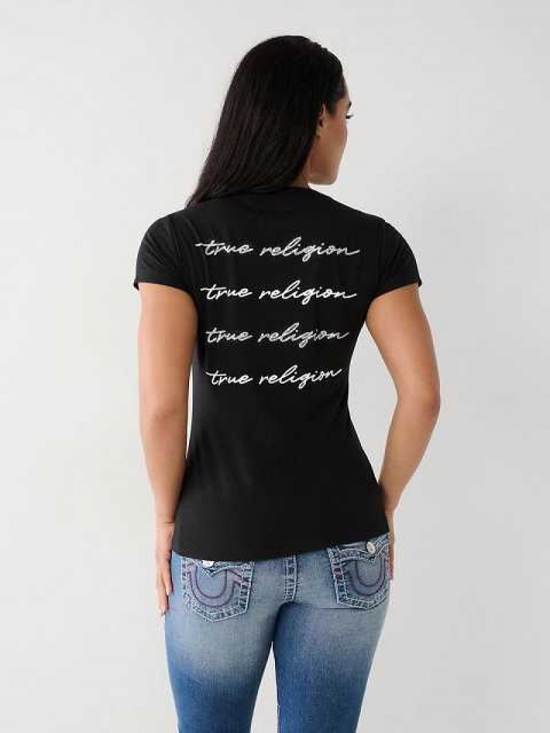 Camiseta True Religion True Crystal V Mujer Negras | Colombia-BJTPWRQ31