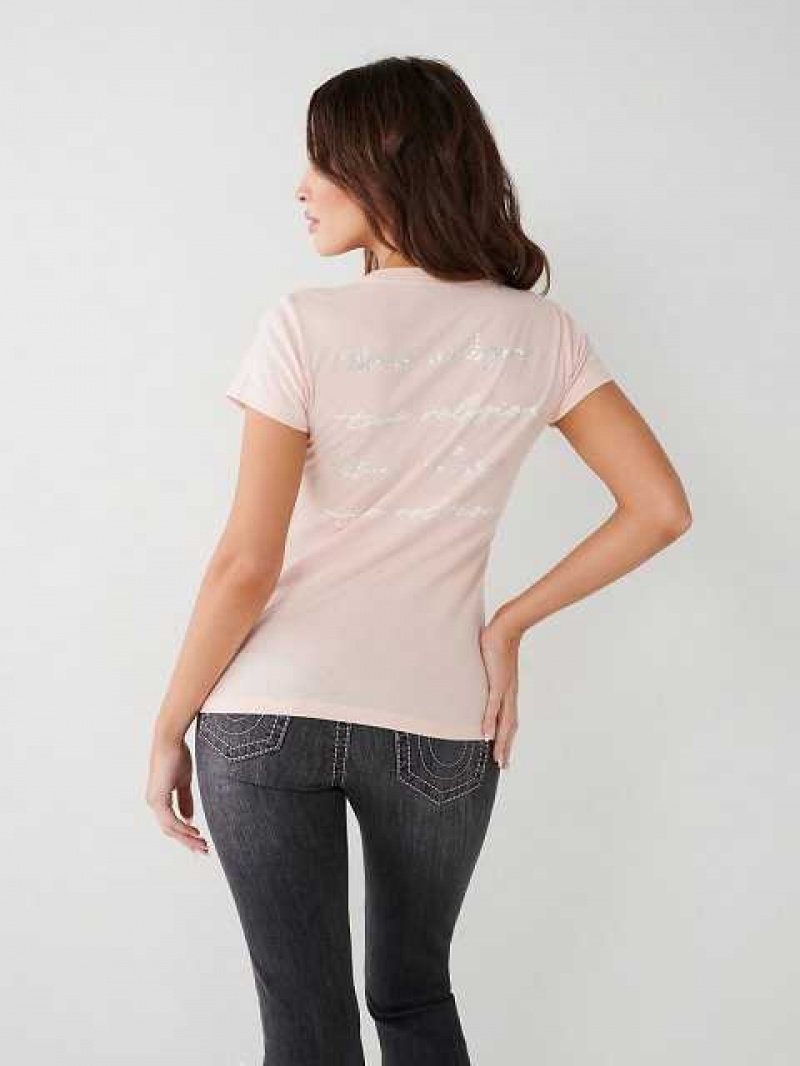 Camiseta True Religion True Crystal V Mujer Rosas | Colombia-KHXOIFB74