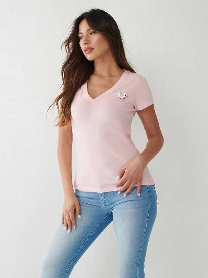 Camiseta True Religion True Logo V Mujer Rosas | Colombia-FBQZWEG25