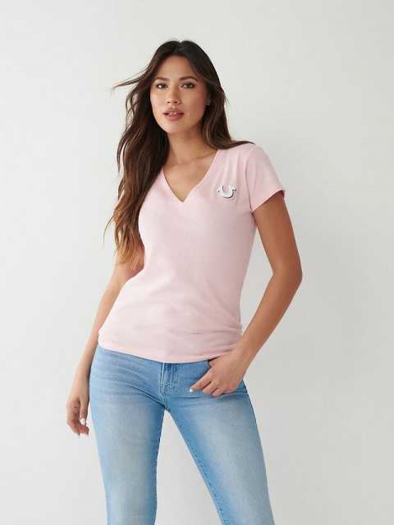 Camiseta True Religion True Logo V Mujer Rosas | Colombia-FBQZWEG25