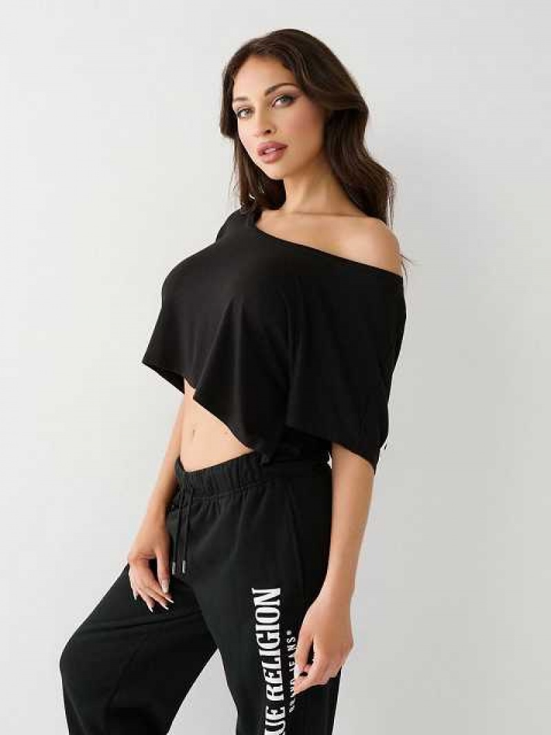 Camiseta True Religion True Off Shoulder Crop Mujer Negras | Colombia-POHQJXT79