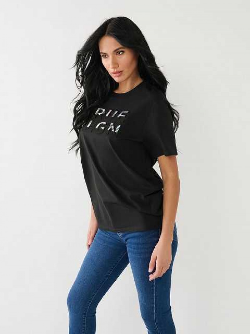 Camiseta True Religion True Rlgn Logo Boyfriend Mujer Negras | Colombia-GNWTEVU42