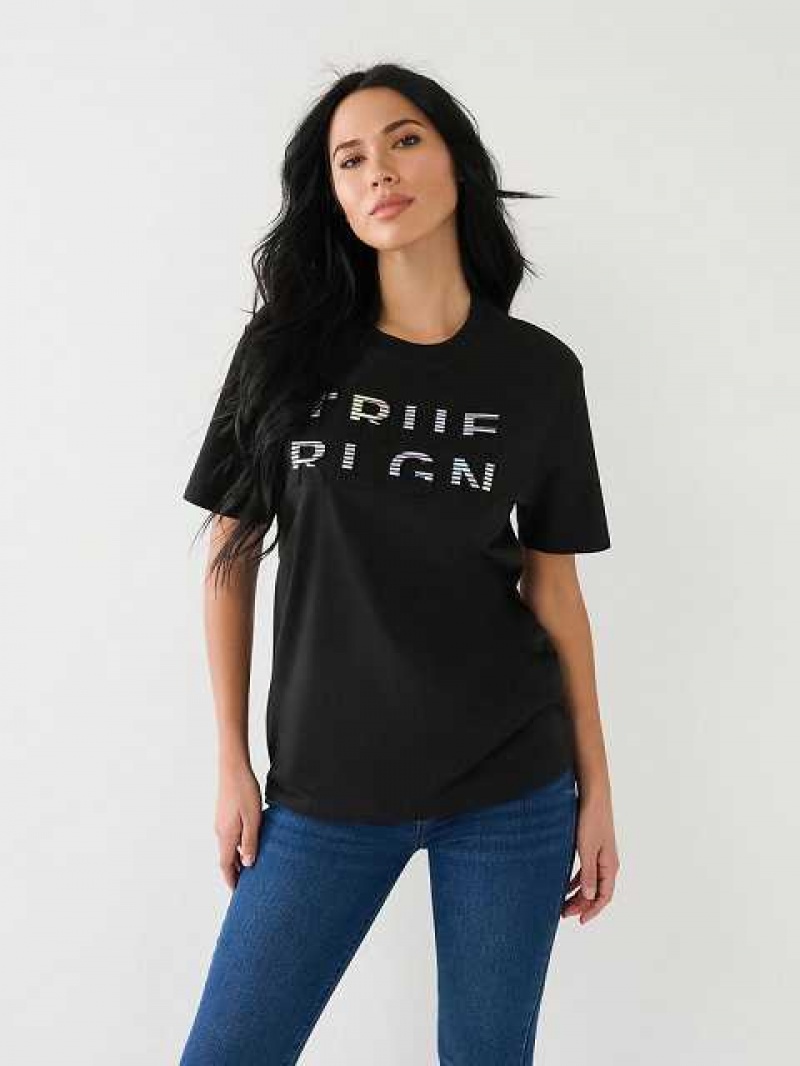 Camiseta True Religion True Rlgn Logo Boyfriend Mujer Negras | Colombia-GNWTEVU42