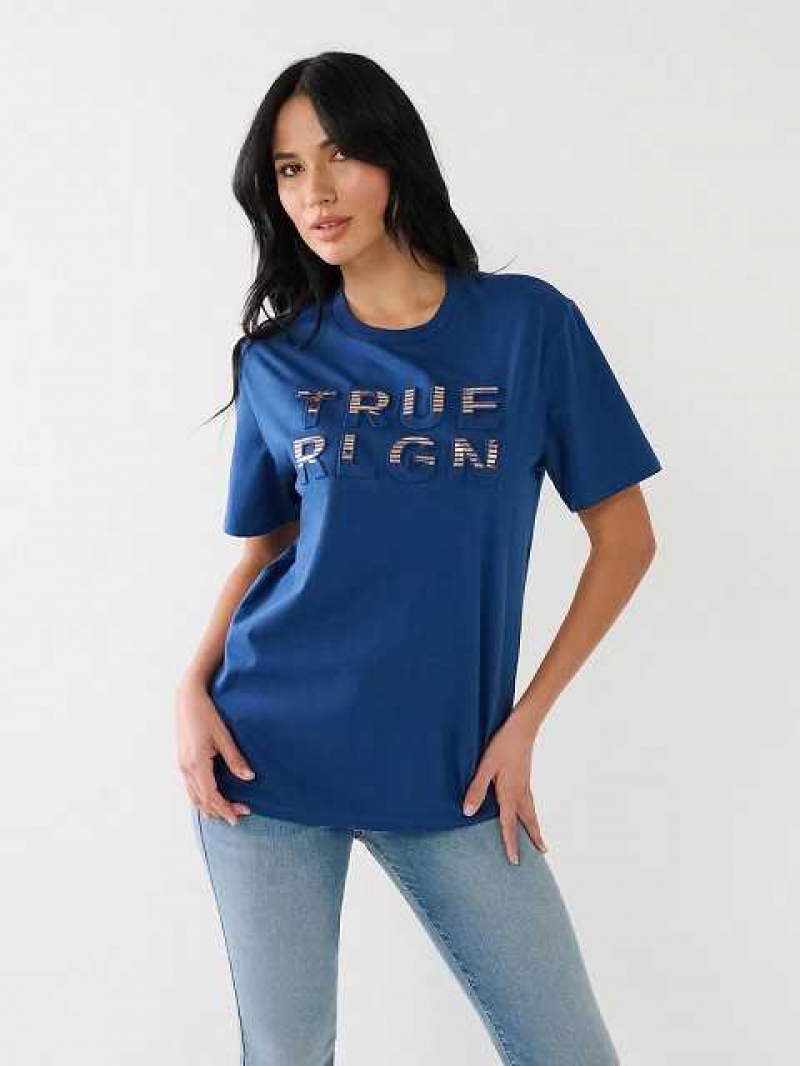 Camiseta True Religion True Rlgn Logo Boyfriend Mujer Azules | Colombia-ONFEHPG48