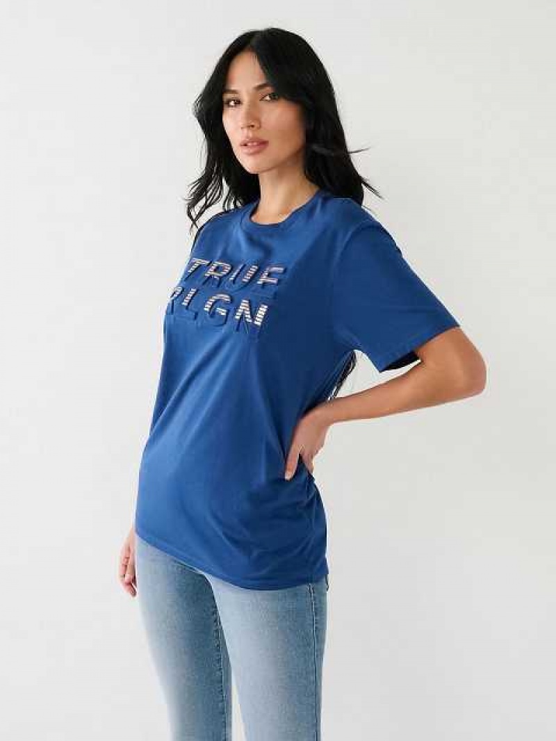 Camiseta True Religion True Rlgn Logo Boyfriend Mujer Azules | Colombia-ONFEHPG48