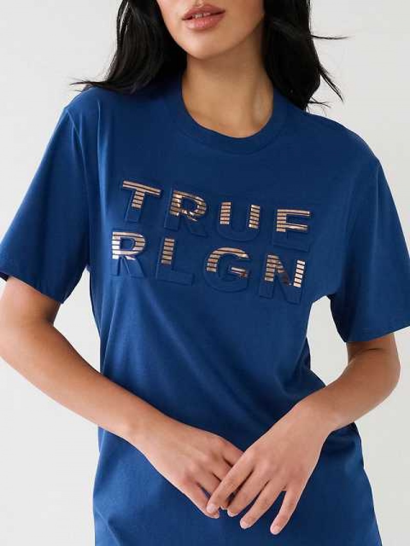 Camiseta True Religion True Rlgn Logo Boyfriend Mujer Azules | Colombia-ONFEHPG48