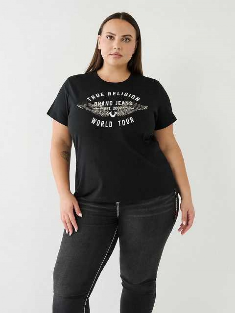 Camiseta True Religion World Tour Retro Crystal Slim Crew Logo Mujer Negras | Colombia-IPBUMSD28