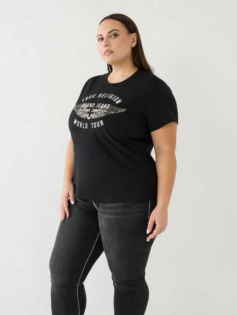 Camiseta True Religion World Tour Retro Crystal Slim Crew Logo Mujer Negras | Colombia-IPBUMSD28