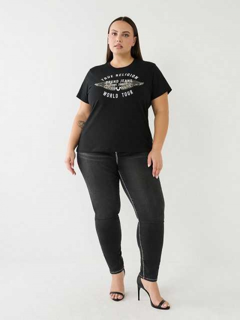 Camiseta True Religion World Tour Retro Crystal Slim Crew Logo Mujer Negras | Colombia-IPBUMSD28