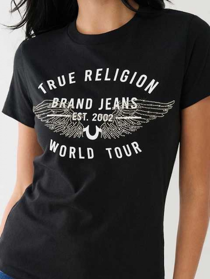 Camiseta True Religion World Tour Retro Crystal Slim Crew Logo Mujer Negras | Colombia-IPBUMSD28