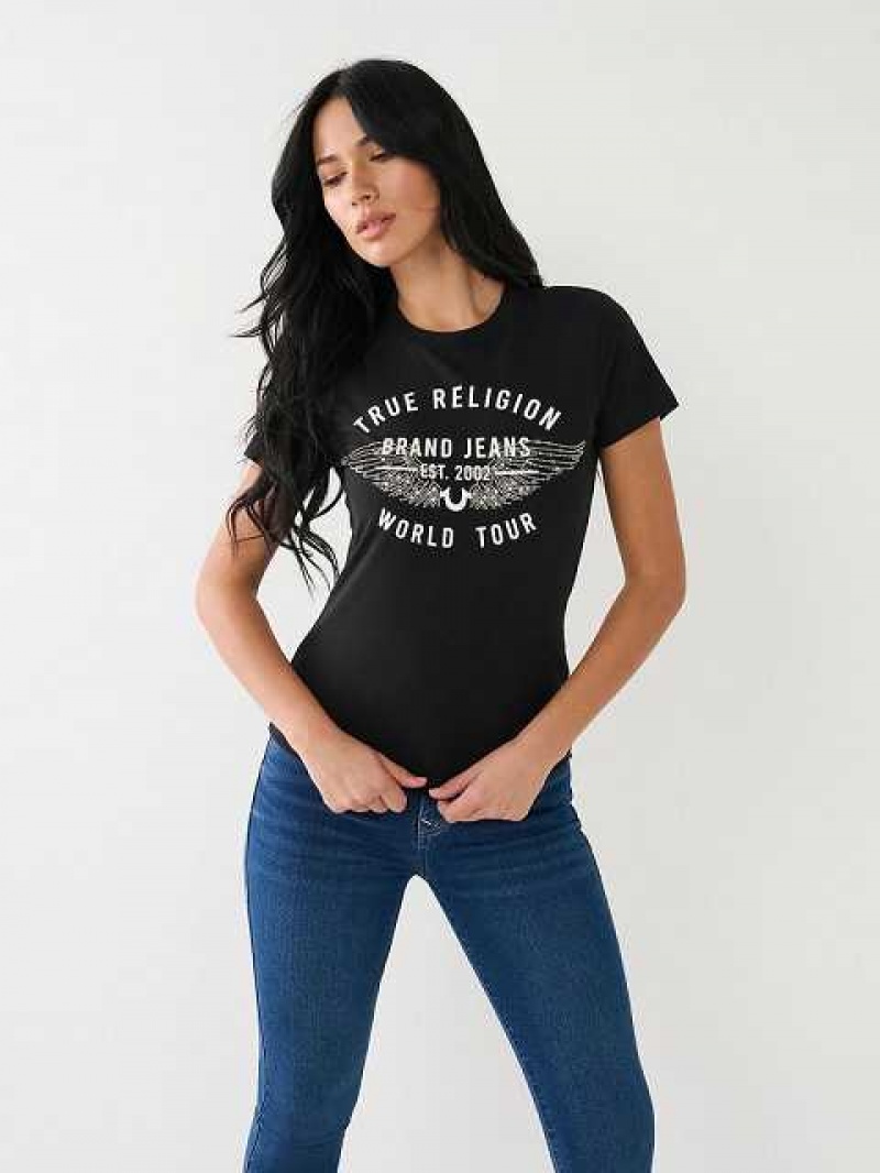 Camiseta True Religion World Tour Retro Crystal Slim Crew Logo Mujer Negras | Colombia-IPBUMSD28