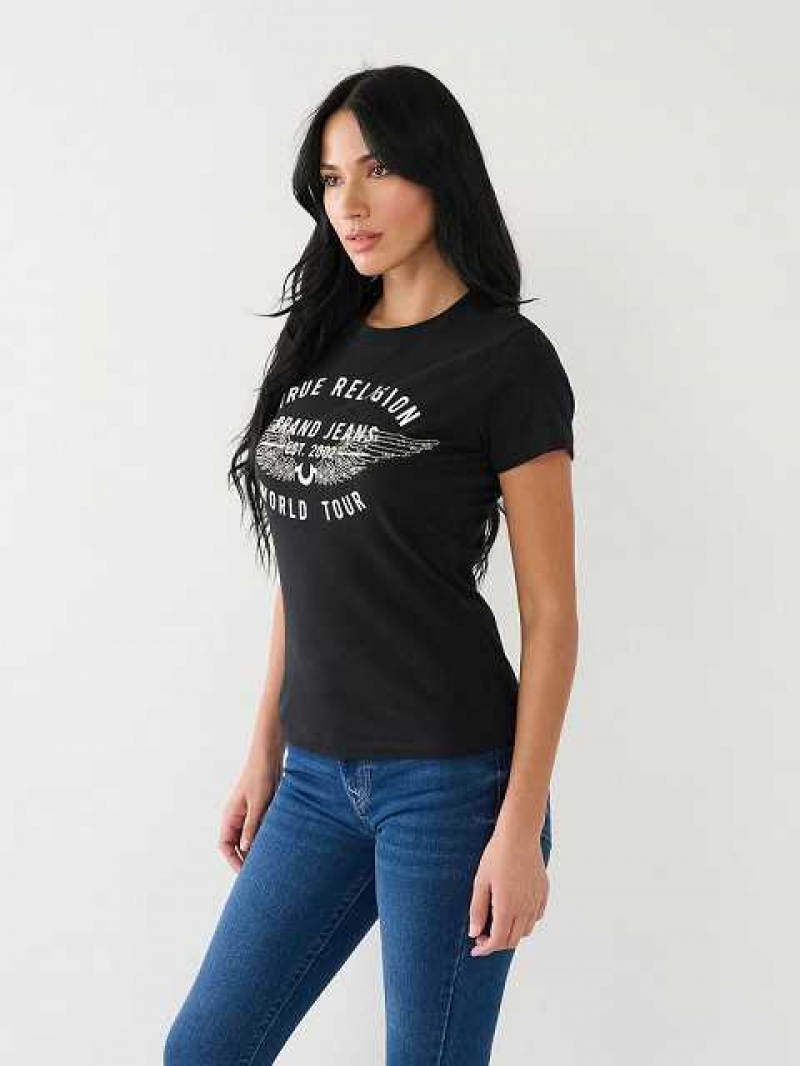 Camiseta True Religion World Tour Retro Crystal Slim Crew Logo Mujer Negras | Colombia-IPBUMSD28