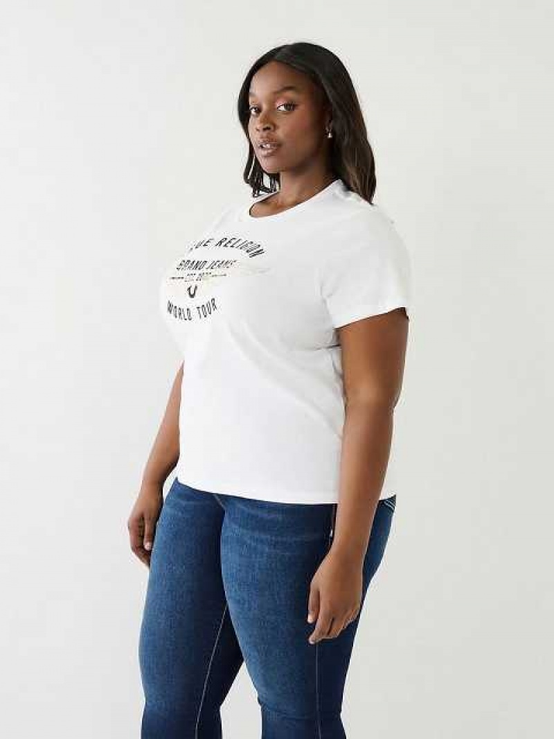 Camiseta True Religion World Tour Retro Crystal Slim Crew Logo Mujer Blancas | Colombia-JRBHLQP38