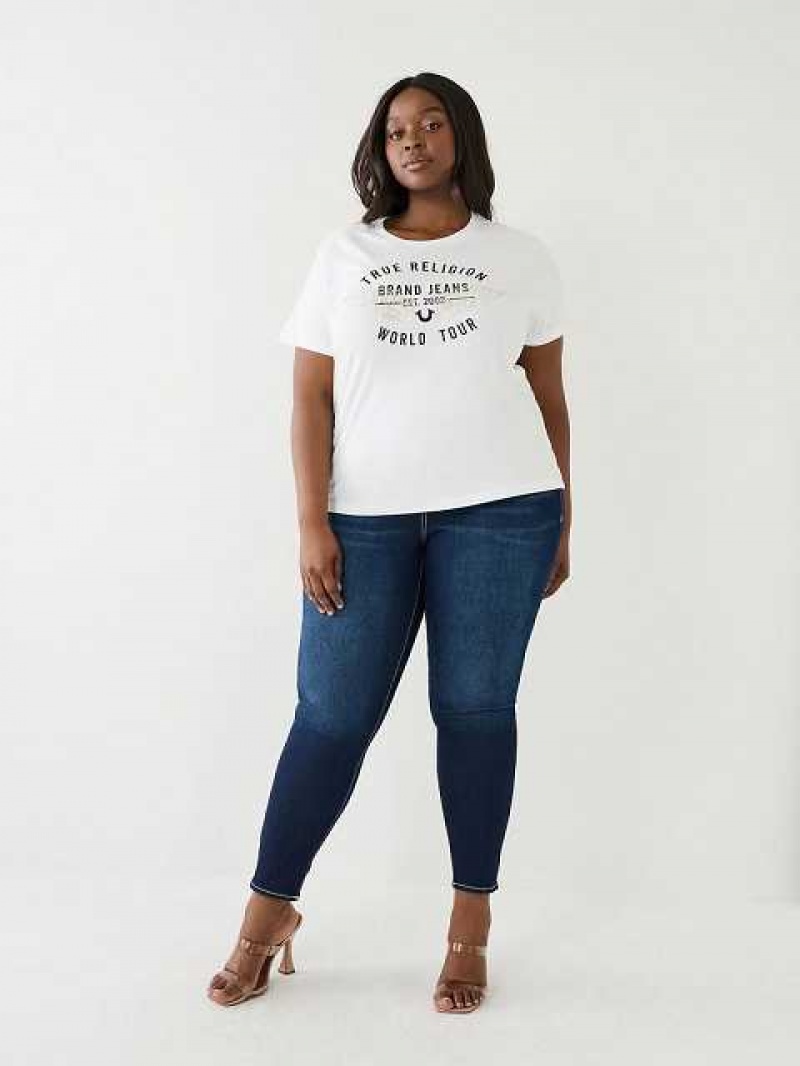 Camiseta True Religion World Tour Retro Crystal Slim Crew Logo Mujer Blancas | Colombia-JRBHLQP38