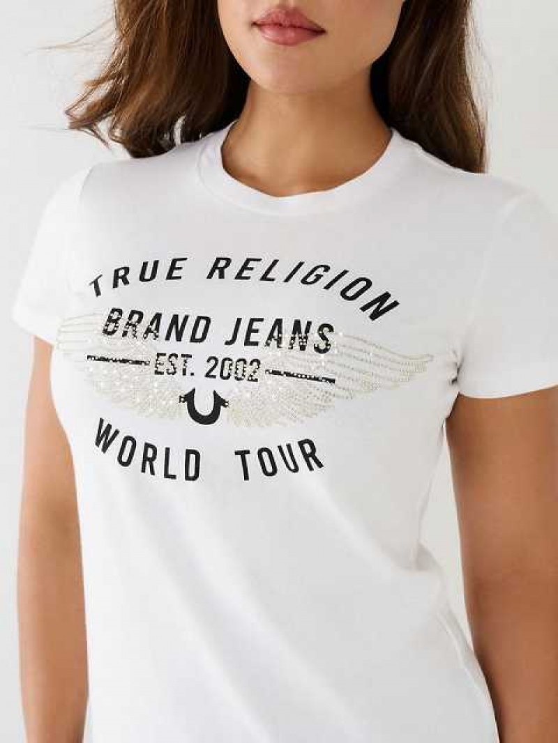 Camiseta True Religion World Tour Retro Crystal Slim Crew Logo Mujer Blancas | Colombia-JRBHLQP38