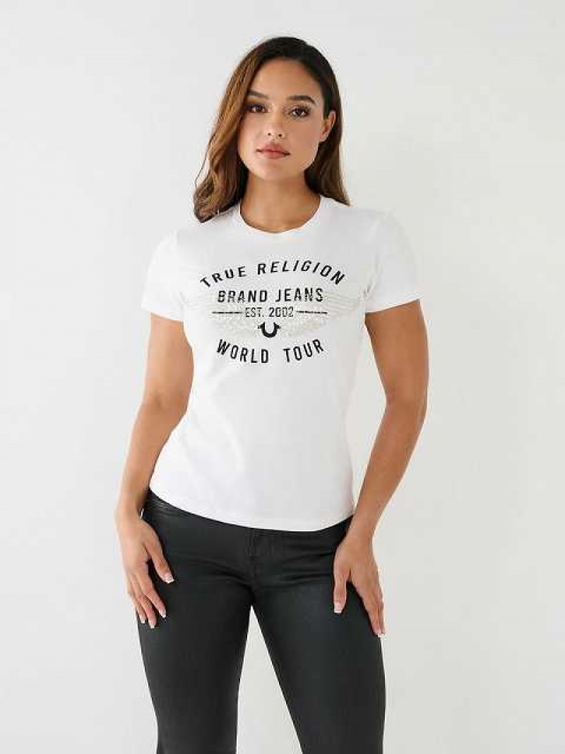 Camiseta True Religion World Tour Retro Crystal Slim Crew Logo Mujer Blancas | Colombia-JRBHLQP38