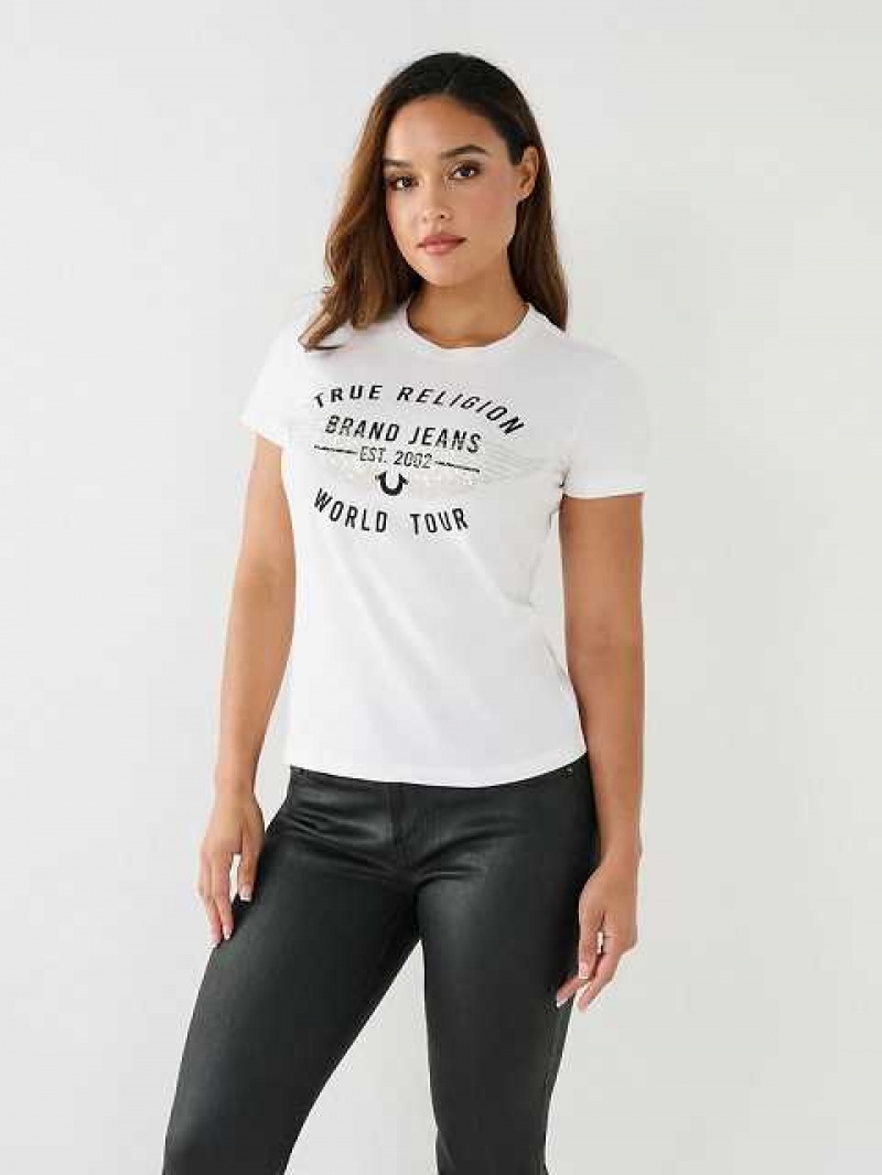 Camiseta True Religion World Tour Retro Crystal Slim Crew Logo Mujer Blancas | Colombia-JRBHLQP38