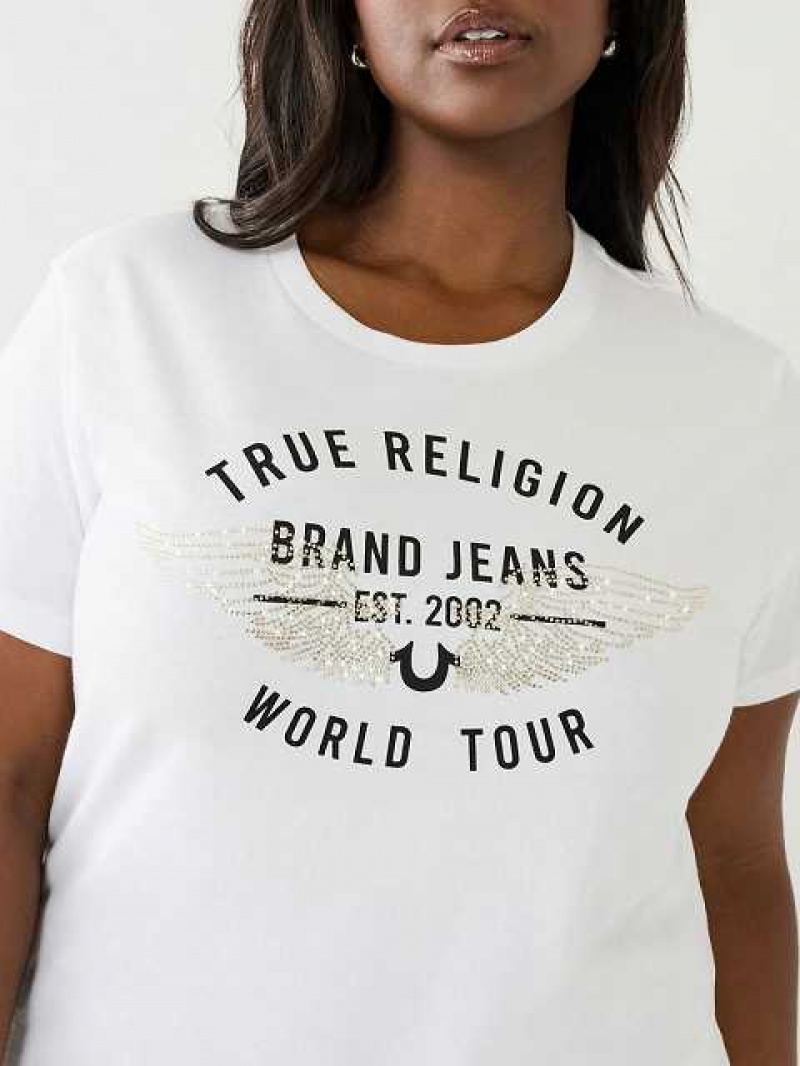 Camiseta True Religion World Tour Retro Crystal Slim Crew Logo Mujer Blancas | Colombia-JRBHLQP38