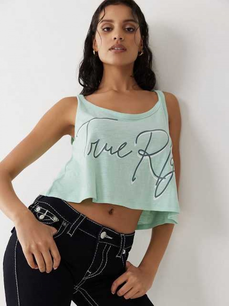 Camiseta sin Manga True Religion Crop Logo Mujer Turquesa | Colombia-GFUEQDX89