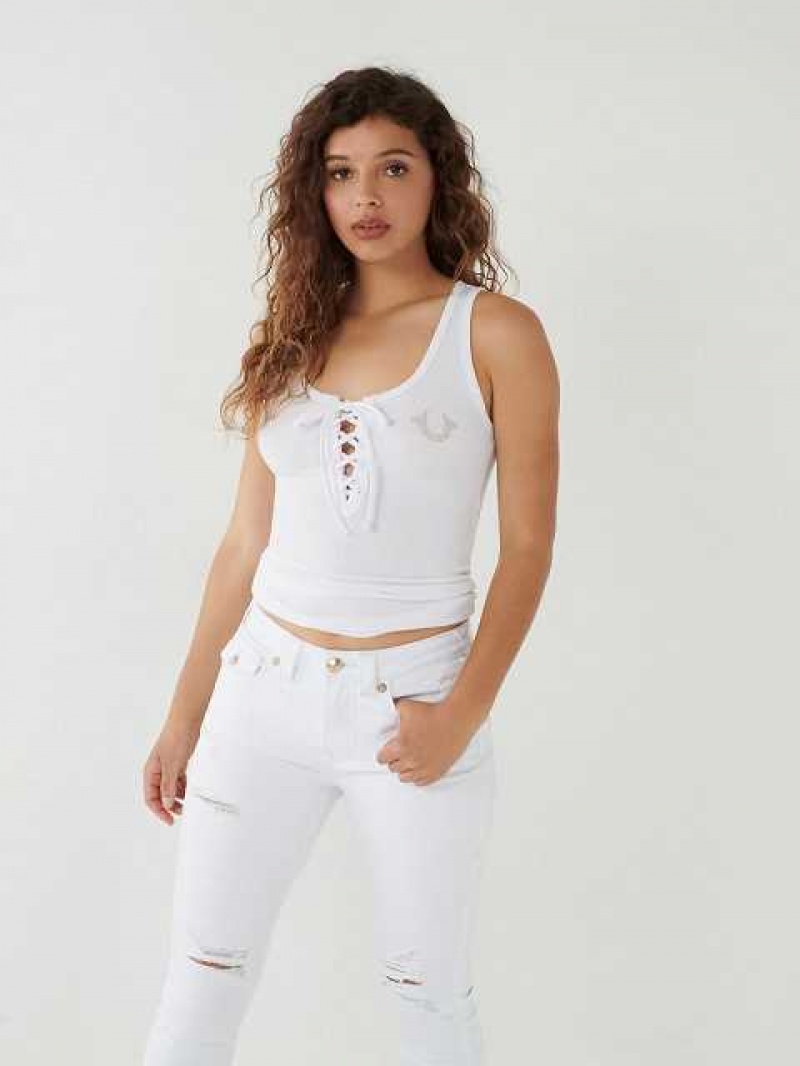 Camiseta sin Manga True Religion Encaje Up Studded Logo Mujer Blancas | Colombia-TEWVUJD60