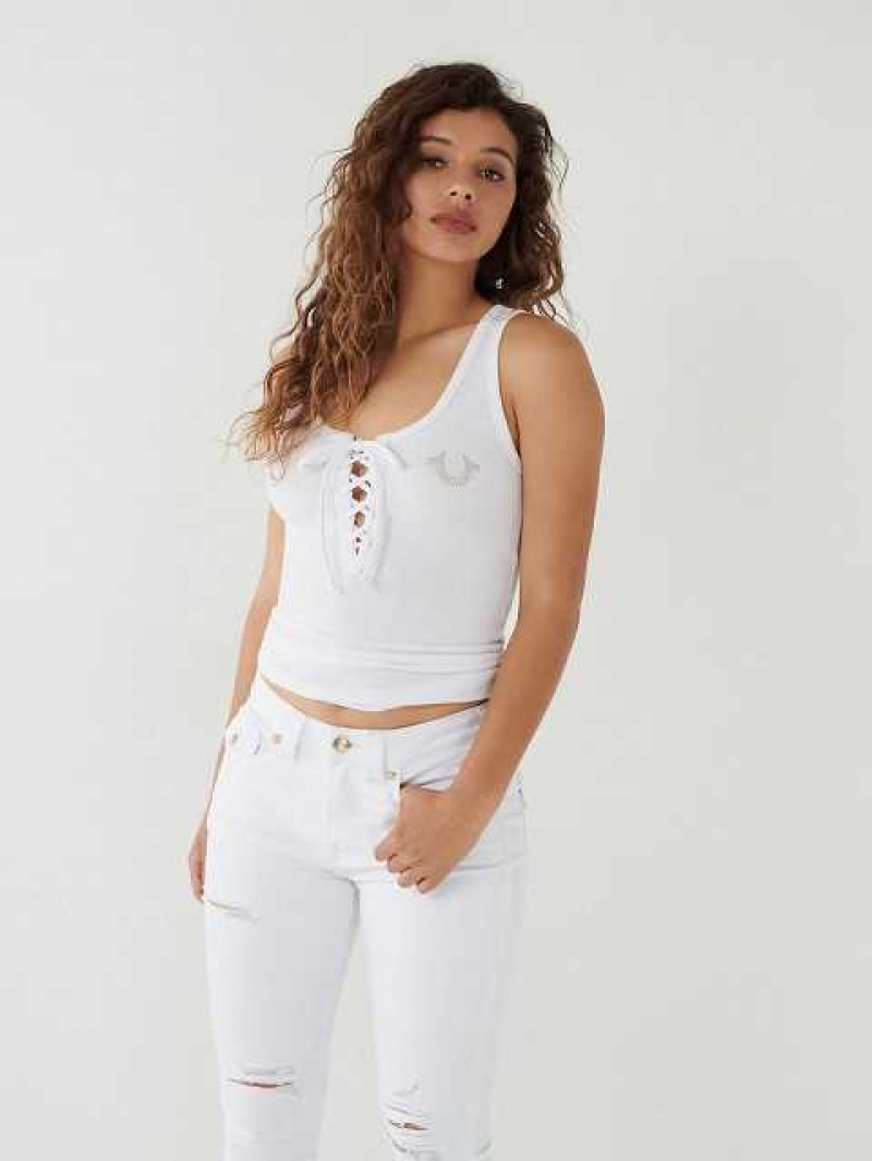 Camiseta sin Manga True Religion Encaje Up Studded Logo Mujer Blancas | Colombia-TEWVUJD60