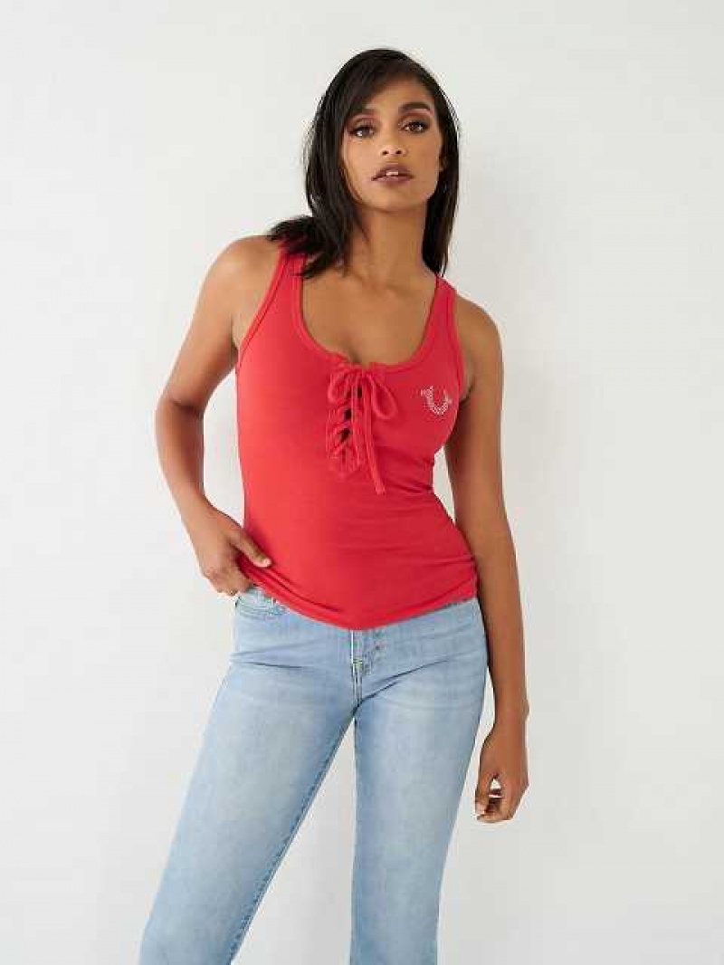 Camiseta sin Manga True Religion Encaje Up Studded Logo Mujer Rojas | Colombia-WJYIDHG24