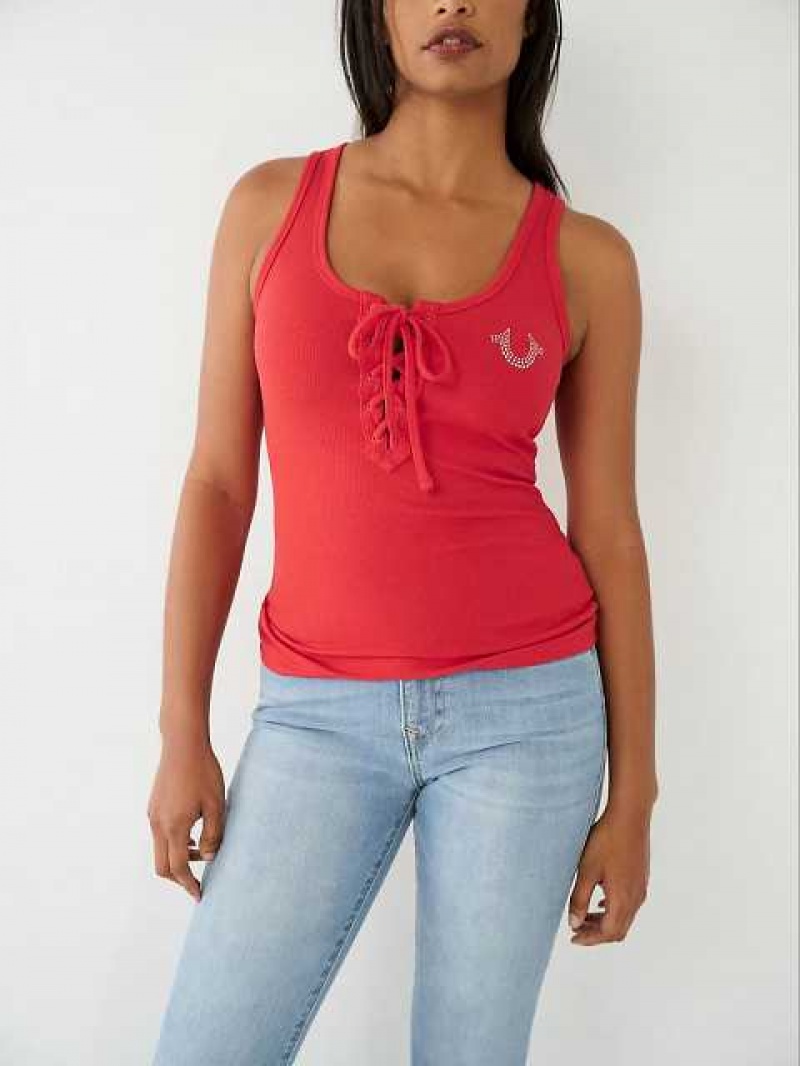 Camiseta sin Manga True Religion Encaje Up Studded Logo Mujer Rojas | Colombia-WJYIDHG24