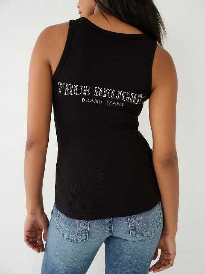 Camiseta sin Manga True Religion Encaje Up Studded Logo Mujer Negras | Colombia-CXTZVEI34